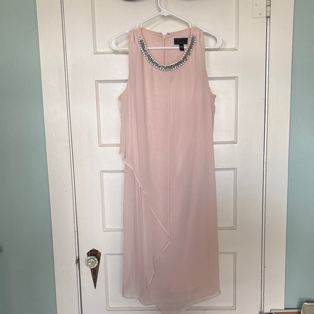 dressbarn Pale Pink Asymmetrical Chiffon Dress with Jeweled Neckline